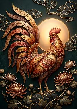 Golden Rooster with Moon and Flowers