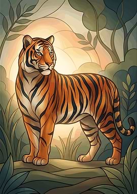 Modern Tiger Stained Glass Bengal Jungle Cat Geometric Art