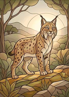 Modern Iberian Lynx Stained Glass Rare Wild Cat Geometric Art