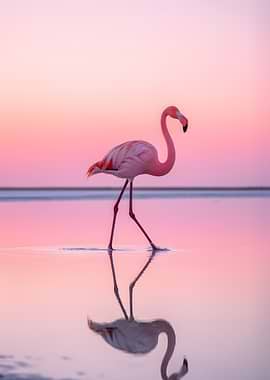Flamingo in Pink Sunset Reflection