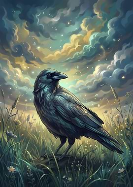 Raven in a mystical landscape