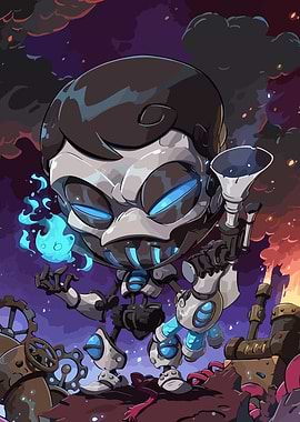 Steampunk Robot with Blue Flames