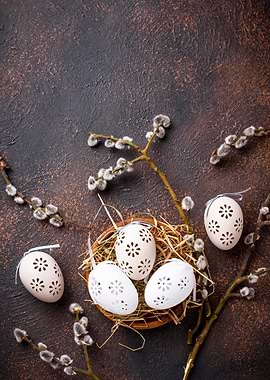 Easter Eggs in a Nest with Pussy Willows