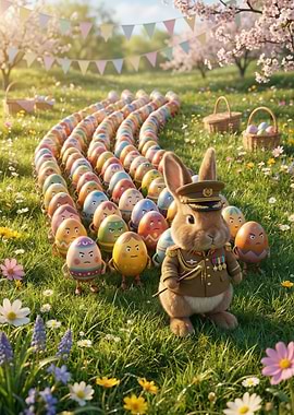 Easter bunny leads marching eggs
