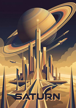 Retro Saturn City Cityscape with Rockets