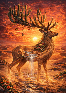 Mythical Desert Stag with Cacti Antlers