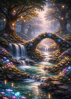Enchanted Forest Bridge with Waterfalls