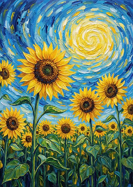 Impressionistic Sunflower Field Under Swirling Sky