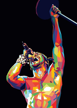 Colorful Musician Singing into Microphone