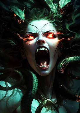 Medusa with glowing eyes and snakes