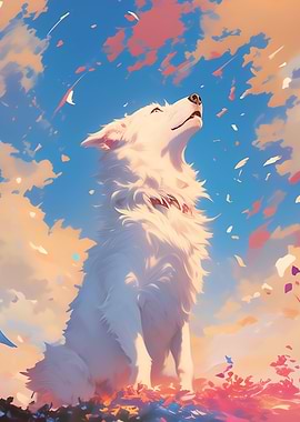 White wolf dog looking up at sky