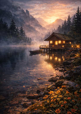 Cozy Cabin by Misty Lake at Sunset
