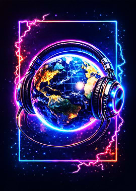 Earth with Headphones in Neon Frame