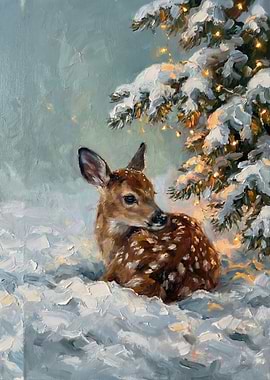 Fawn in Snowy Christmas Scene
