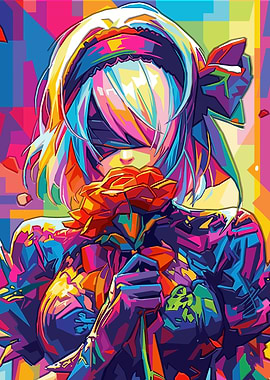 2B Holding a Rose in Pop Art Style