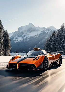 Orange sports car in winter