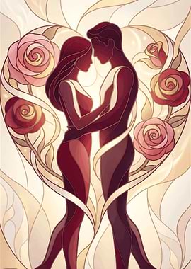 Modern Valentines Day Stained Glass Romantic Couple Rose Art