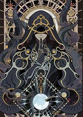 Mysterious hooded figure with orb