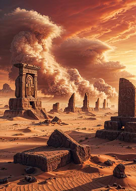 Ancient Desert Ruins Under Volcanic Sky