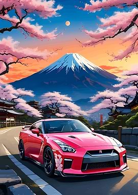 Red Nissan GT-R with Mount Fuji