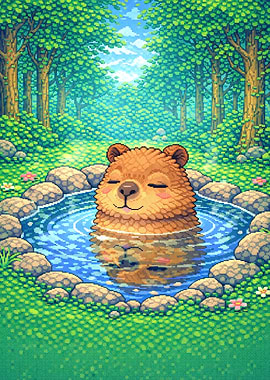 Cute Bear Relaxing in a Forest Hot Spring
