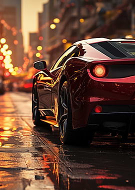 Red Sports Car on Wet City Street