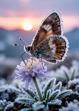 Butterfly on frosted flower at sunrise