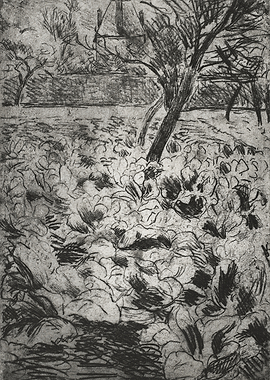 Sketch of a Garden with Trees and House