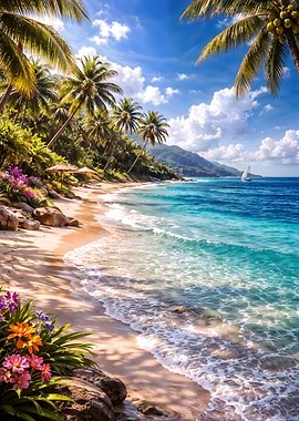Tropical Beach Paradise with Palm Trees and Ocean