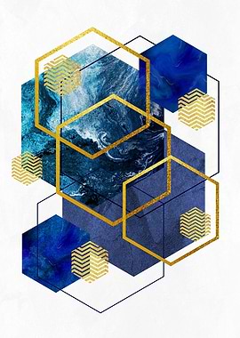 Geometric Hexagons with Blue Marbling and Gold Accents