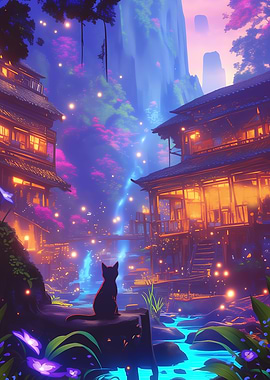 Enchanting night scene with black cat