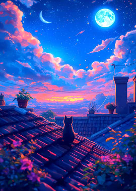Cat on a Rooftop at Sunset