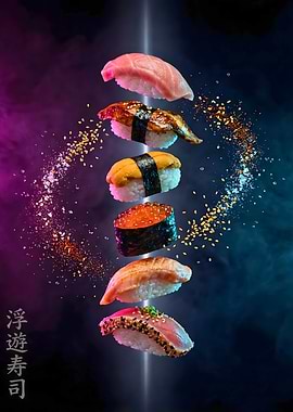 Modern Floating Nigiri Sushi with Neon Smoke and Spice Swirl