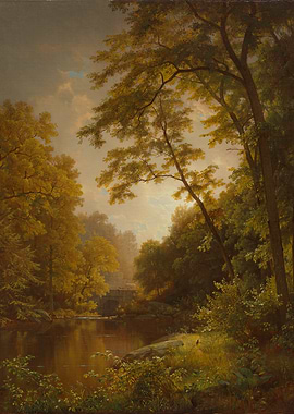 Autumn River Landscape with Stone Bridge