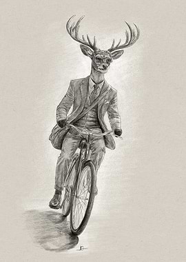 Anthropomorphic Deer in Suit Riding Bicycle