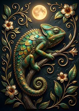 Ornate Chameleon with Moon and Flowers