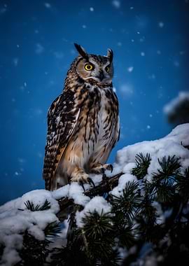 Owl in Snowy Pine Tree