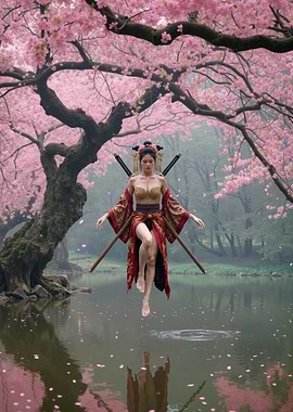 Geisha Warrior Levitation Under Cherry Blossoms