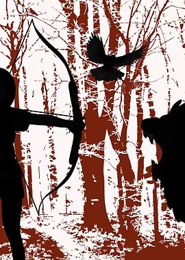 Archer facing a lion and a bird