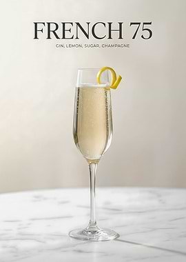 French 75 Cocktail Print with Champagne Bubbles and Lemon Twist