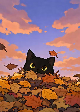 Black cat peeking from autumn leaves