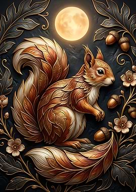 Ornate Squirrel with Moon and Acorns