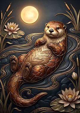 Otter in a Moonlit Pond
