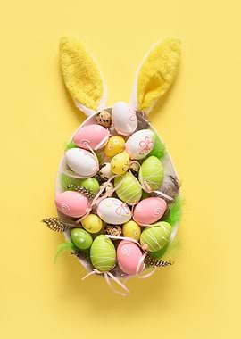 Easter Bunny Basket with Decorated Eggs