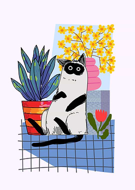 Cute Cat Sitting with Plants