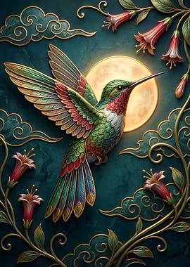 Hummingbird with Moon and Flowers