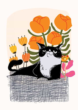 Tuxedo Cat Among Flowers