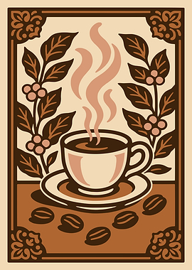 Steaming Coffee Cup with Coffee Beans and Leaves