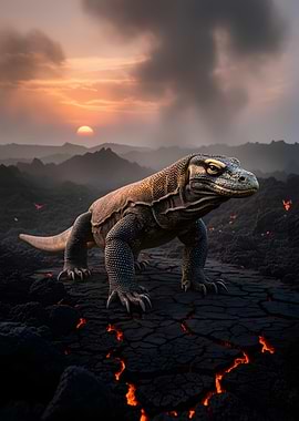 Komodo Dragon in Volcanic Landscape