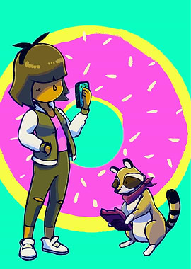 Girl and Raccoon with Donut